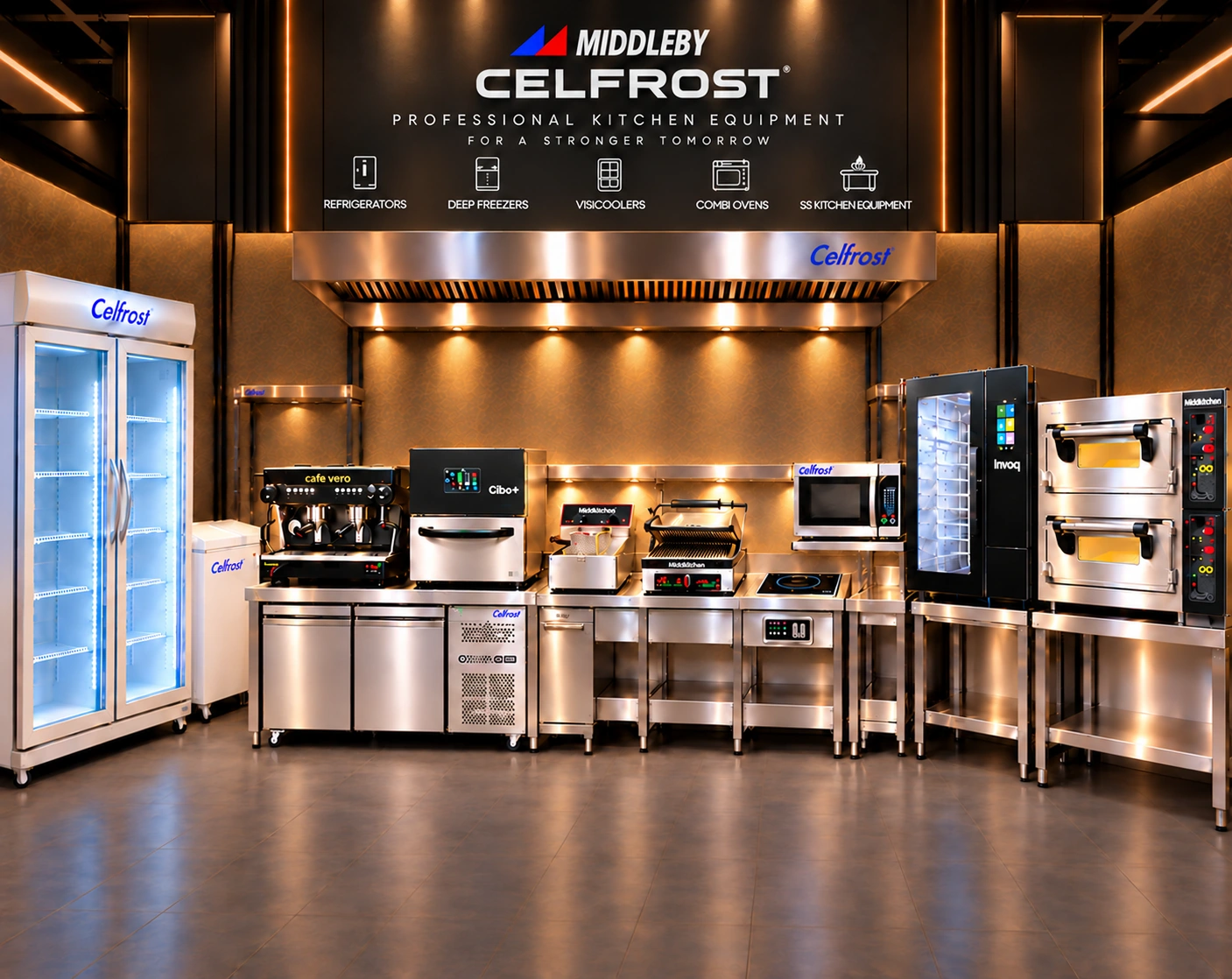 Illustrative commercial kitchen showing cooking equipment, refrigeration and coffee equipment