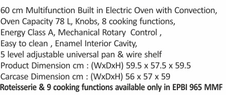 Original catalogue specifications for Elica EPBI 865/965 MMF. Use the full-size link to enlarge, or contact the household team for an accessible specification sheet.