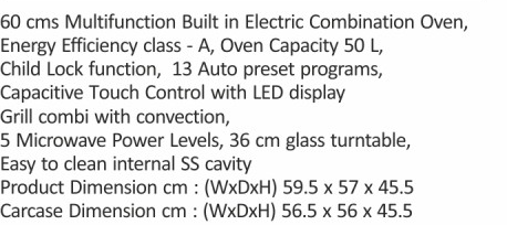 Original catalogue specifications for Elica EPBI COMBO OVEN INOX NERO 50L. Use the full-size link to enlarge, or contact the household team for an accessible specification sheet.