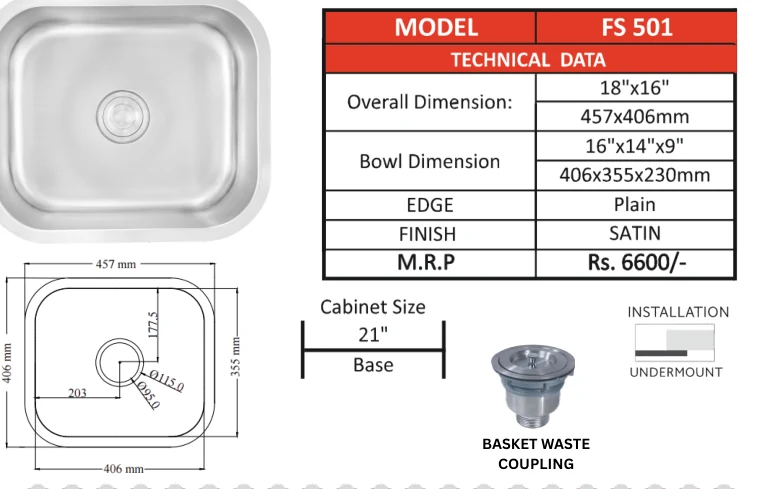 Original Futura catalogue specification table, dimensions and accessory details for FS 501; key specifications are transcribed above