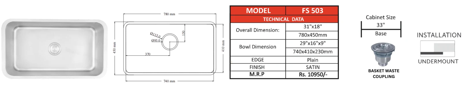 Original Futura catalogue specification table, dimensions and accessory details for FS 503; key specifications are transcribed above