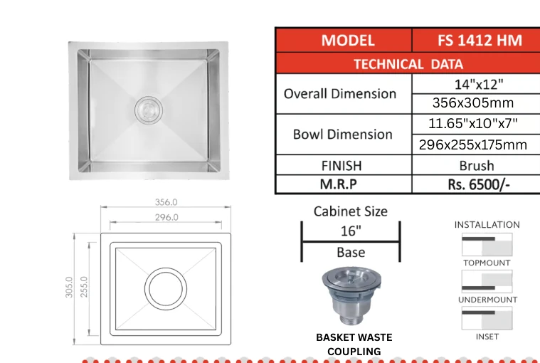 Original Futura catalogue specification table, dimensions and accessory details for FS 1412 HM; key specifications are transcribed above
