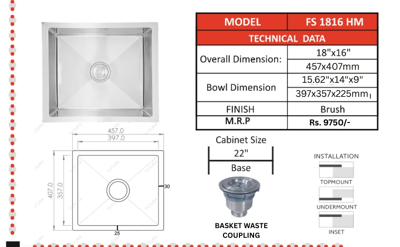 Original Futura catalogue specification table, dimensions and accessory details for FS 1816 HM; key specifications are transcribed above