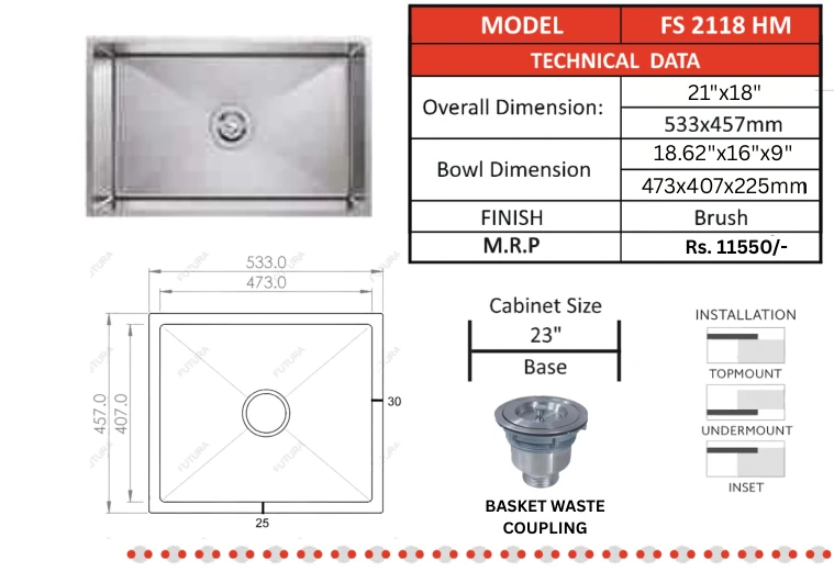 Original Futura catalogue specification table, dimensions and accessory details for FS 2118 HM; key specifications are transcribed above