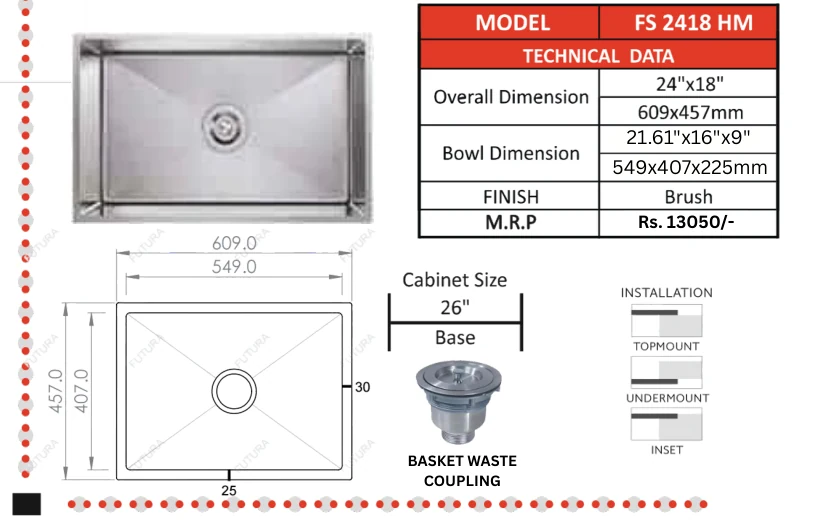 Original Futura catalogue specification table, dimensions and accessory details for FS 2418 HM; key specifications are transcribed above