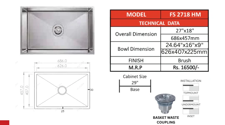 Original Futura catalogue specification table, dimensions and accessory details for FS 2718 HM; key specifications are transcribed above