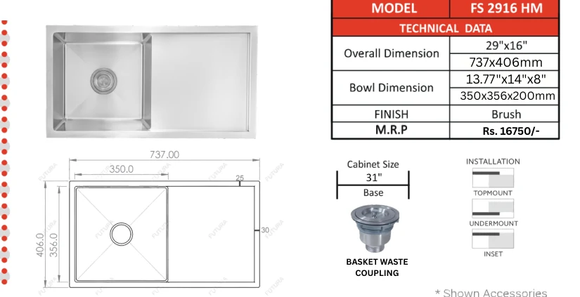 Original Futura catalogue specification table, dimensions and accessory details for FS 2916 HM; key specifications are transcribed above