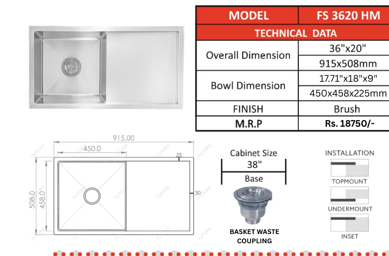 Original Futura catalogue specification table, dimensions and accessory details for FS 3620 HM; key specifications are transcribed above