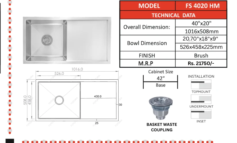 Original Futura catalogue specification table, dimensions and accessory details for FS 4020 HM; key specifications are transcribed above