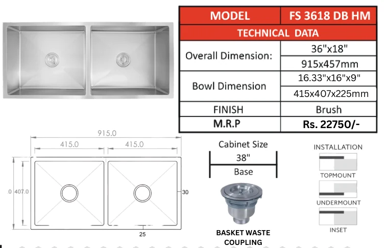 Original Futura catalogue specification table, dimensions and accessory details for FS 3618 DB HM; key specifications are transcribed above