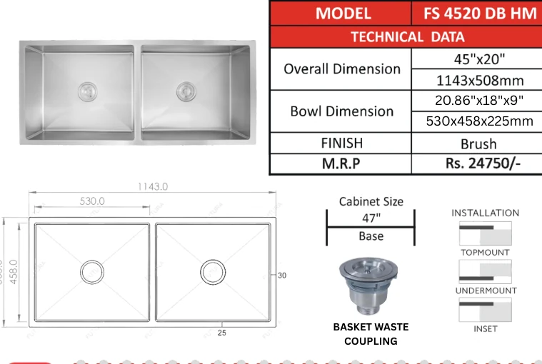 Original Futura catalogue specification table, dimensions and accessory details for FS 4520 DB HM; key specifications are transcribed above
