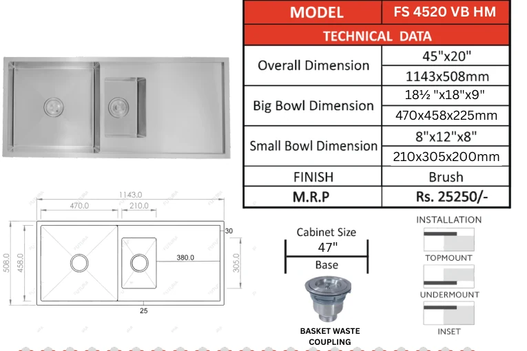 Original Futura catalogue specification table, dimensions and accessory details for FS 4520 VB HM; key specifications are transcribed above
