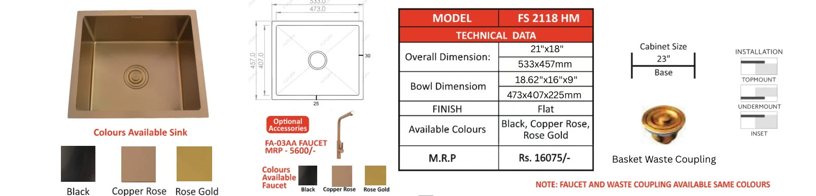 Original Futura catalogue specification table, dimensions and accessory details for FS 2118 HM · Colour; key specifications are transcribed above