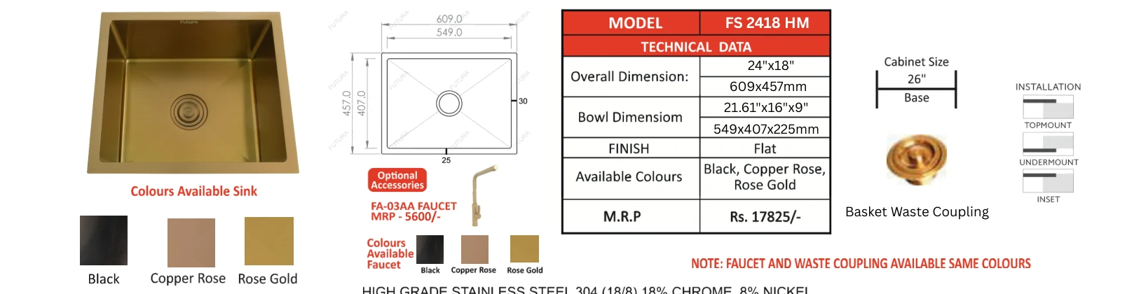 Original Futura catalogue specification table, dimensions and accessory details for FS 2418 HM · Colour; key specifications are transcribed above