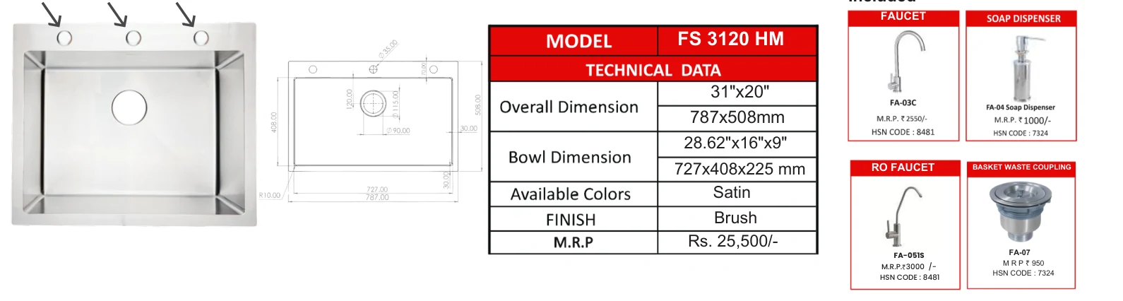 Original Futura catalogue specification table, dimensions and accessory details for FS 3120 HM; key specifications are transcribed above