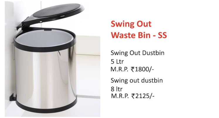 Original Futura catalogue specification table, dimensions and accessory details for Swing out waste bin · 5 L; key specifications are transcribed above
