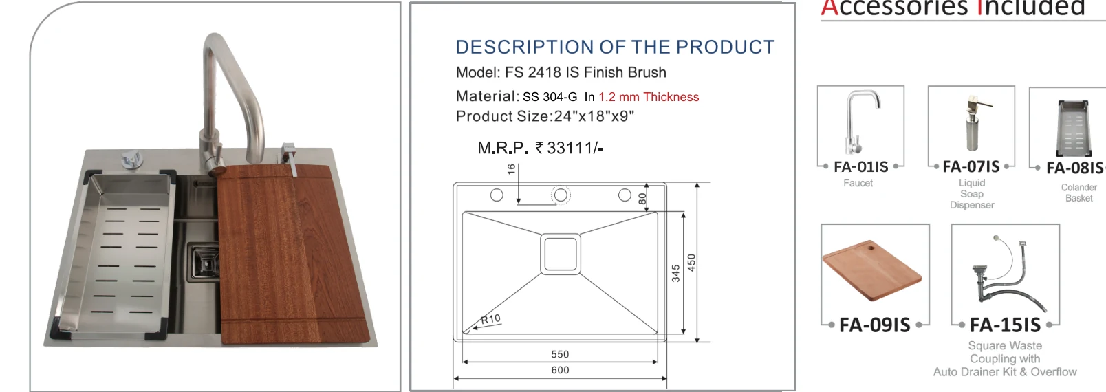 Original Futura catalogue specification table, dimensions and accessory details for FS 2418 IS; key specifications are transcribed above