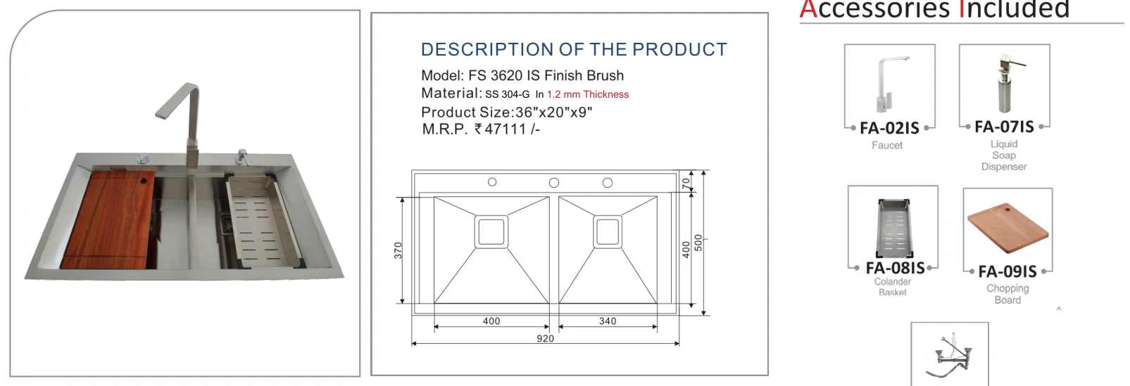 Original Futura catalogue specification table, dimensions and accessory details for FS 3620 IS; key specifications are transcribed above