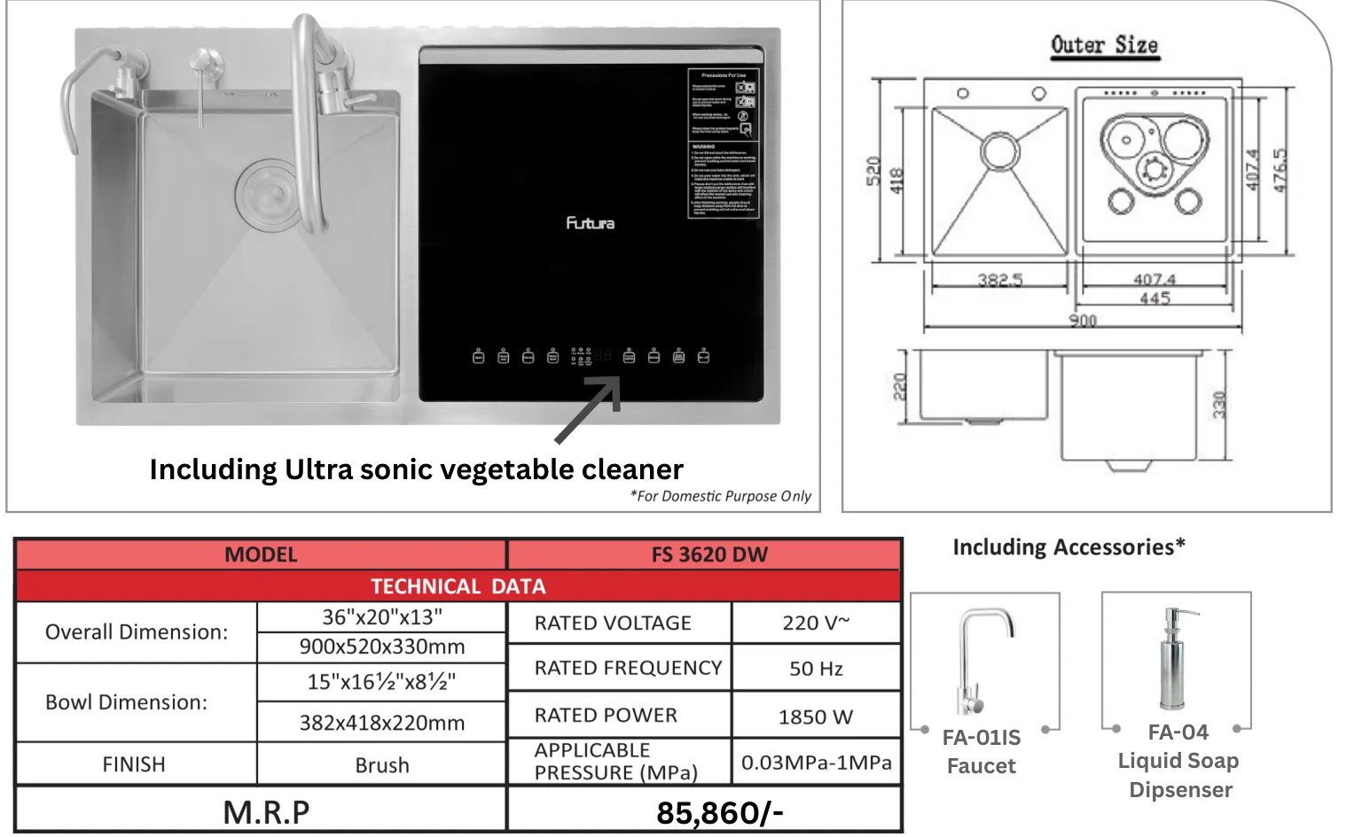 Original Futura catalogue specification table, dimensions and accessory details for FS 3620 DW; key specifications are transcribed above