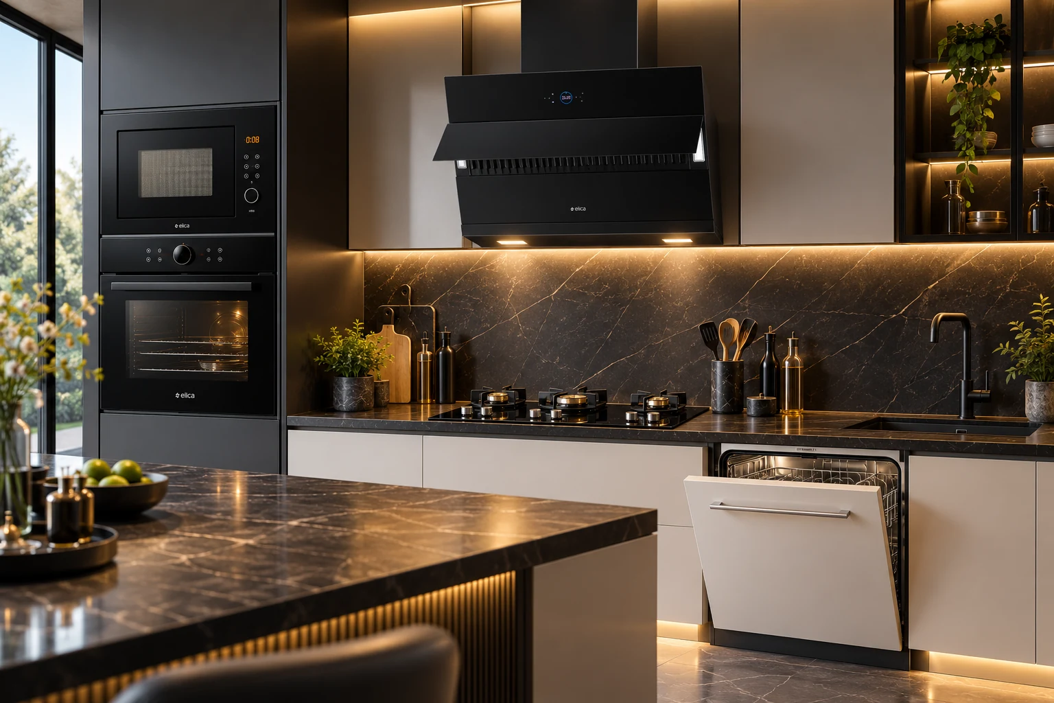 Owner-supplied dark household kitchen illustration with Elica-branded appliances and a kitchen island