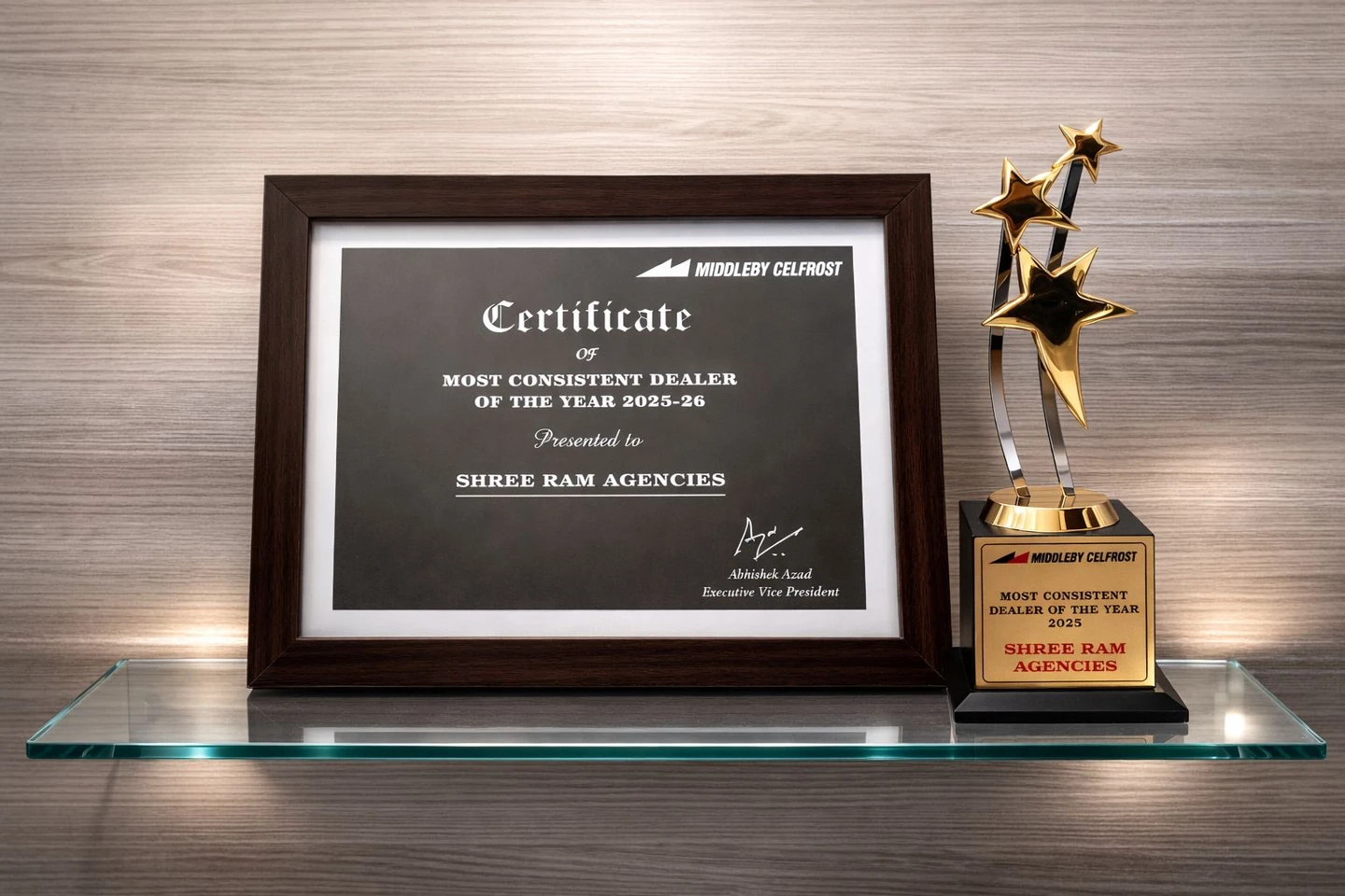 Shree Ram Agencies’ Middleby Celfrost Most Consistent Dealer of the Year 2025–26 certificate beside the 2025 trophy